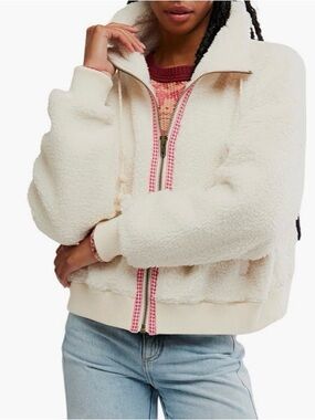 Cream Sherpa Zip-Front Jacket with Pink Trim